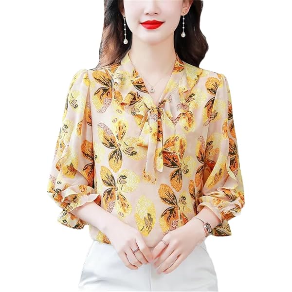 Amazon.com: Women's Bow Tie Neck Pink Floral Chiffon Blouse Top